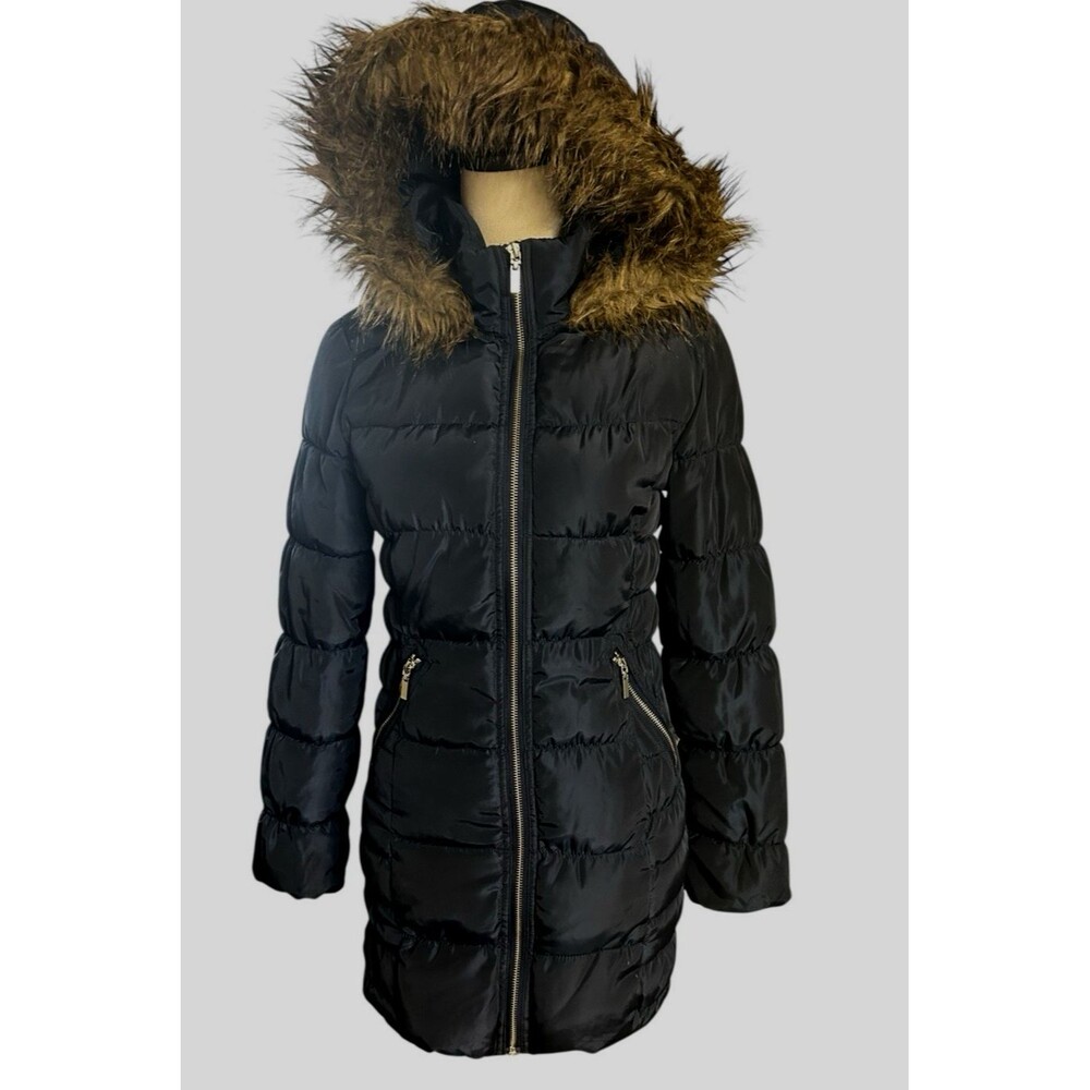 Divided H&M Womens Black Quilted Hooded Faux Fur Puffer Full Zip Parka Coat Sz 2
